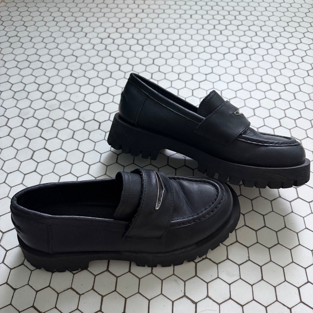 Steve Madden Loafers Black Leather Chunky Lug Sole Platform Penny Shoes 8